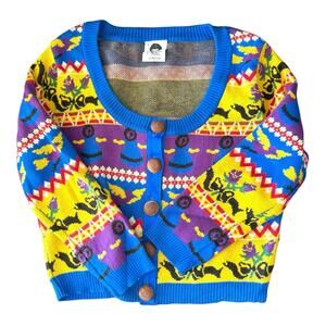 Vintage Betsey Johnson Punk Label Crop Cardigan Alley Cat Fair Aisle Print L Mod